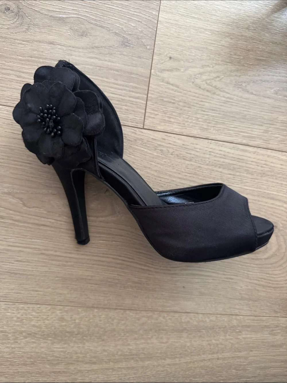 Forever 21 Black Floral Peep-Toe Stiletto Heels